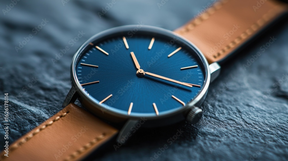 custom made wallpaper toronto digitalClose-up of a stylish wristwatch with a dark blue dial and tan leather strap.  A minimalist design with clean lines and subtle details