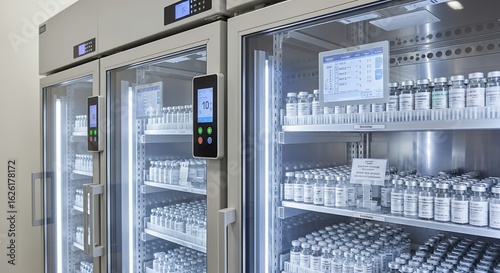 Vaccine Storage Stainless Steel Refrigerators Featuring Digital Displays and Rows of Vials on Shelves For Pharmaceutical Preservation and Organization in Well Lit Medical Environment