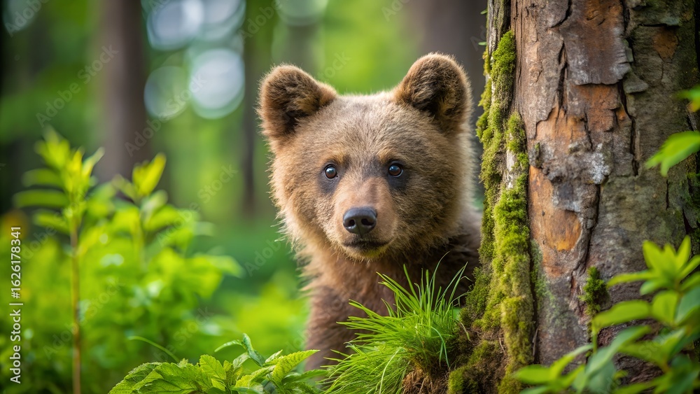 Fototapeta premium Adorable Brown Bear Cub Hiding Behind Tree, Lush Forest, Springtime, Wildlife, Nature Photography