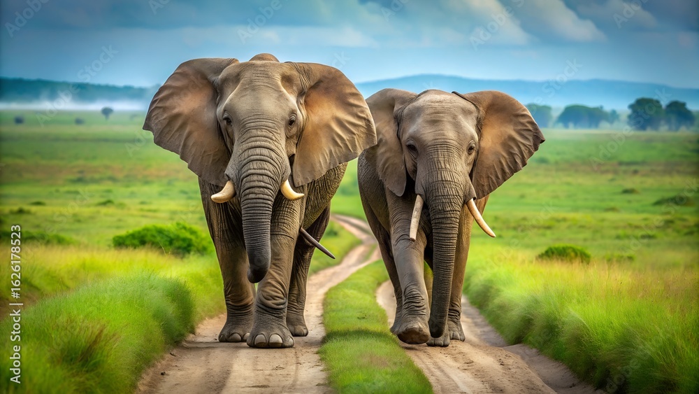 Fototapeta premium African Elephants Walking on Savannah Dirt Road: Majestic Wildlife Duo, Serene Landscape, Dramatic Sky