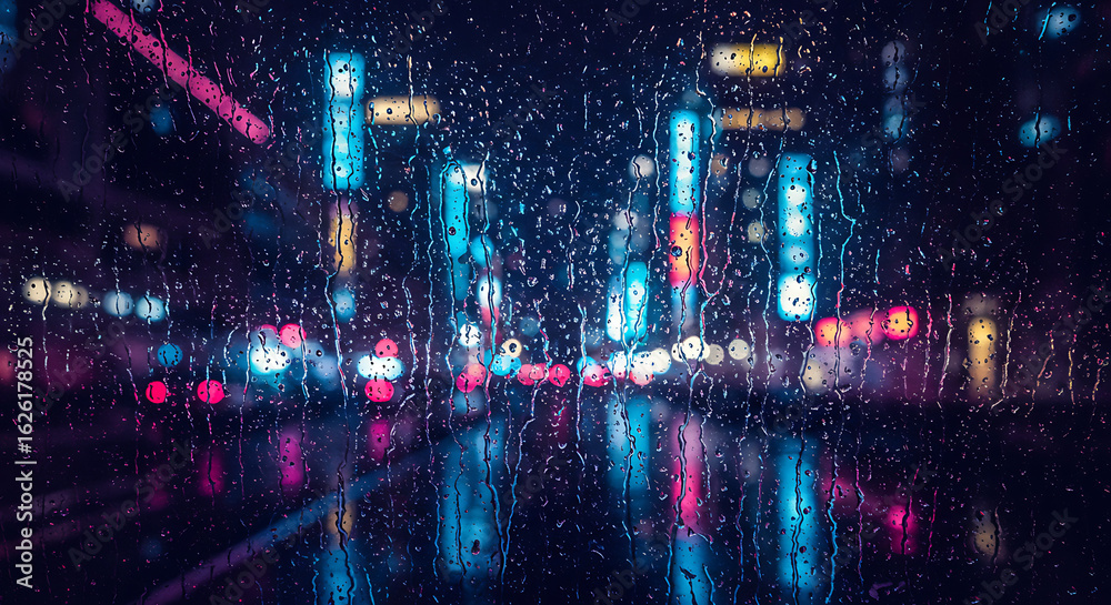 Fototapeta premium Rainy city night with neon lights and reflections
