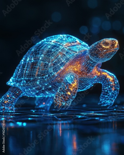 Futuristic digital rendering of a glowing turtle with intricate wireframe details and vibrant blue and orange illumination.