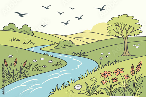 Green rolling hills with a winding blue river and flying birds