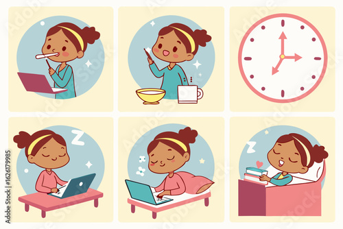 Girl's daily routine with laptop and bedtime reading