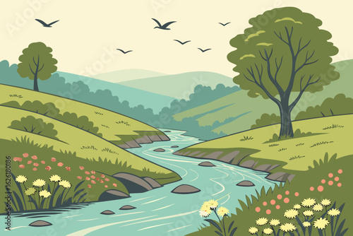 Serene river valley with rolling hills and trees landscape