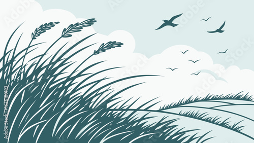 Teal grass blowing in wind with birds flying in sky