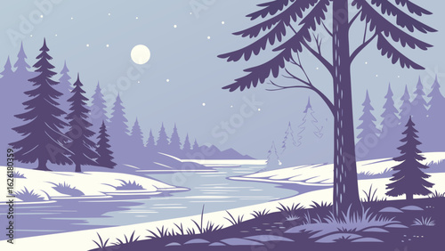 Winter twilight landscape with frozen river and pine trees