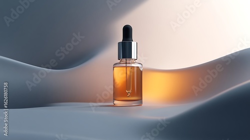 Cosmetic serum bottle on abstract waves