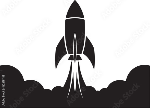 Black silhouette of a rocket launching with smoke and clouds
