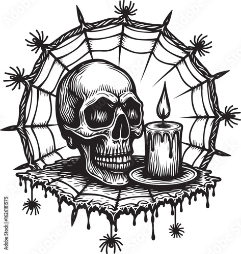 Spooky skull and burning candle surrounded by web and spiders