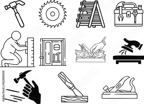 Vector art of collection of carpentry tools icons isolated on white background includes hammer, saw, ladder, toolbox, man, ruler, door, plane, sander and hand