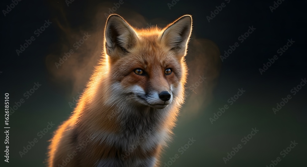 Fototapeta premium Serene portrait of a wild red fox backlit by the golden hour sun, its warm breath misting in the cool air.