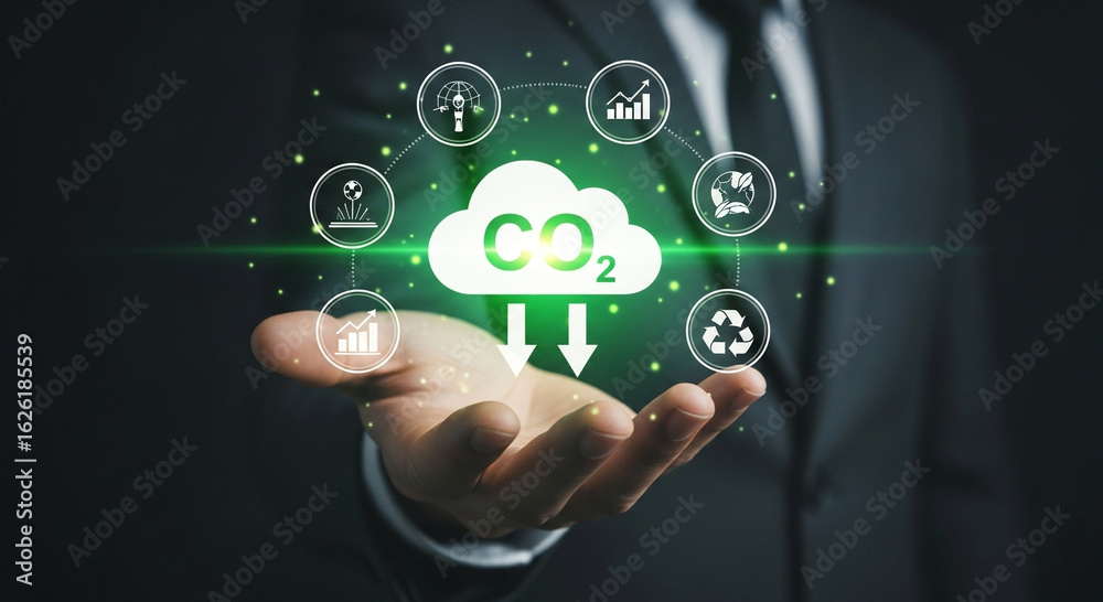 Fototapeta premium Person presenting environmental sustainability icons with a co2 cloud graphic