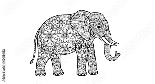 Ornate elephant illustration, detailed floral mandala design, intricate line art, coloring page.