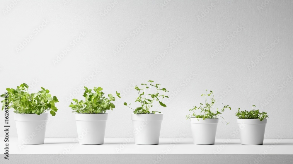 Fototapeta premium Minimal indoor plant pots arranged in row on white shelf with soft natural light background