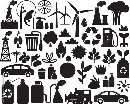 Diverse environmental and industrial icons depicting energy production and conservation