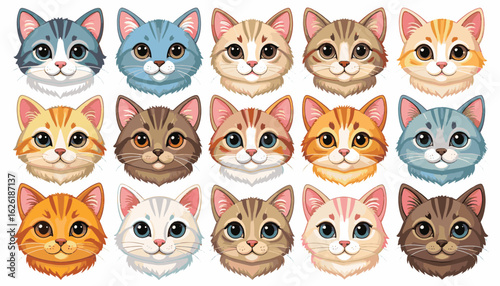 Cat Head Collection: A delightful assortment of cat heads, showcasing a spectrum of colors and patterns, creating a playful and charming compilation of feline expressions and hues.