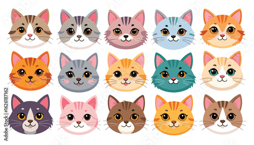 Colorful Cat Faces: A delightful assortment of fifteen different, adorable, cartoonish cat faces, each with unique fur patterns and captivating expressions.