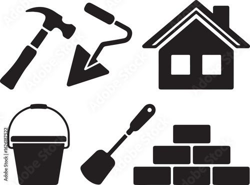 Hammer trowel house bucket shovel bricks vector
