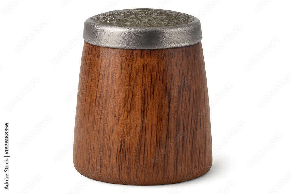 Fototapeta premium Rustic wooden jar featuring hammered metal lid, preserving spices or small items against clean transparent backdrop