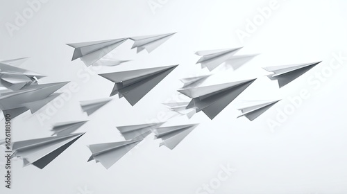 Many paper airplanes soaring, light gray background