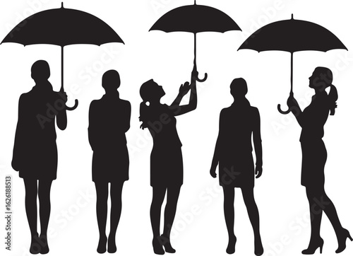 Women holding umbrellas silhouette black white