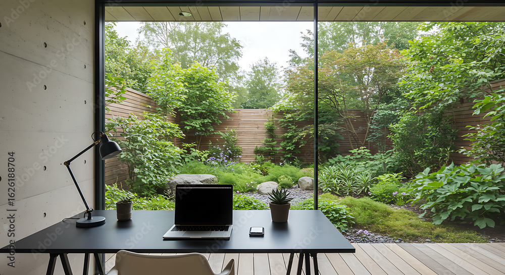 Naklejka premium Modern home office with large window overlooking a lush green garden