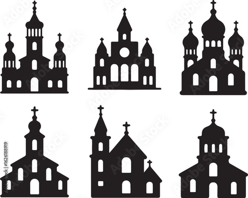 Black church silhouettes with varied architectural styles and religious symbols architecture