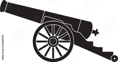 Black silhouette of a historical cannon with a spoked wheel weapon military