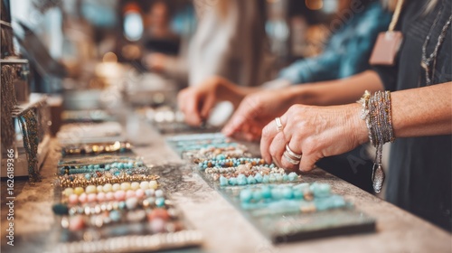 pastel jewelry store scene with seller guiding customer through bracelet selection