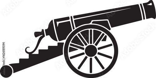 Black silhouette of an antique cannon on a white background artillery weapon