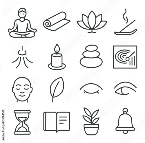 Meditation and relaxation icons featuring yoga, candle, incense, and nature elements