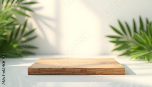 Empty Wooden Podium with Greenery Backdrop and Sunlight Effects