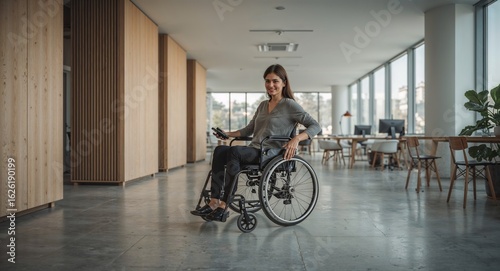 Woman in wheelchair smiles in a modern office corridor