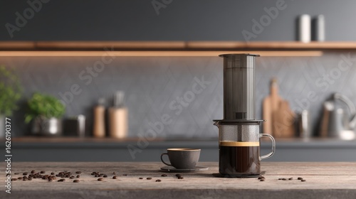 Coffee being brewed with an aeropress on a wooden countertop with coffee beans scattered around with a cup of coffee, in a modern kitchen setting at home.