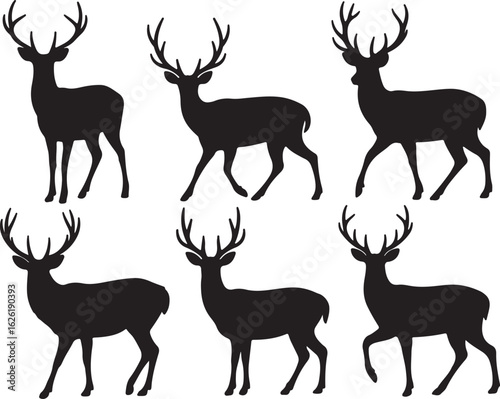 Six black deer silhouettes with antlers stag white
