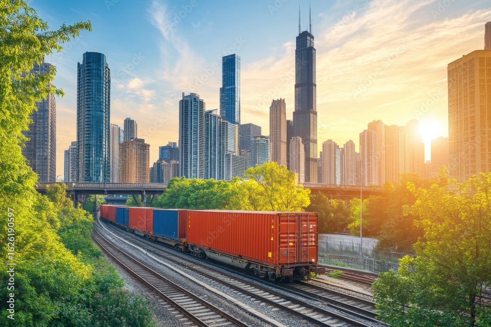 Naklejka premium Freight train wagon loaded with red and blue containers, moving past an urban skyline with copy space. Bright daylight. City infrastructure background.