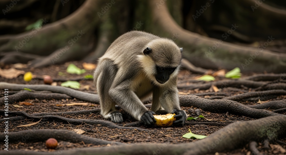 Obraz premium Wildlife portrait of a small monkey foraging for fruit on the ground, surrounded by the intricate roots of an ancient tree in a forest.