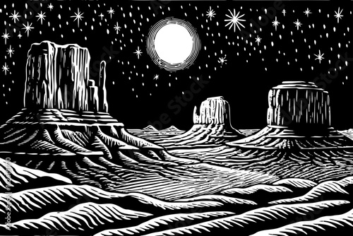 Nighttime view of Monument Valley with buttes and desert moon, black and white line art illustration