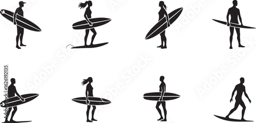 Diverse surfers strike poses with surfboards ready for the waves