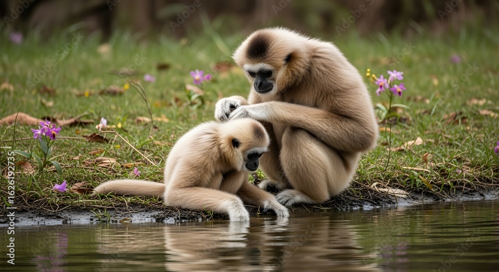 Obraz premium A tender moment of a gibbon family showing affection, with one primate grooming another near the water in their natural habitat.