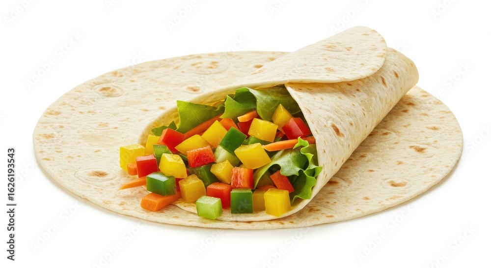 Vibrant Veggie Wrap: Fresh Diced Bell Peppers and Carrots in a Soft Wheat Tortilla Vibrant Veggie Wrap: Fresh Diced Bell Peppers and Carrots in a Soft Wheat Tortilla