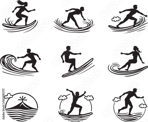 Dynamic surfers carving waves, capturing the thrill of ocean sport and adventure