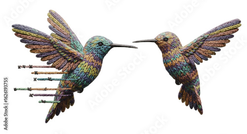 Two knitted hummingbirds facing each other with detailed wings and colorful yarn texture on white background