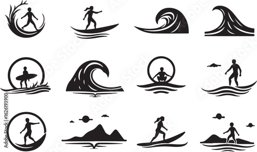 Dynamic surfers ride ocean waves, capturing adventure and freedom