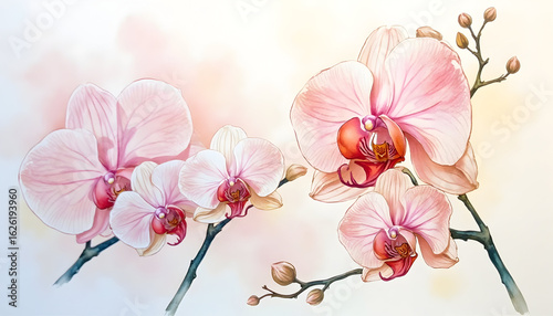 Blooming Orchid Flowers Watercolor Painting Delicate Pink Floral Art