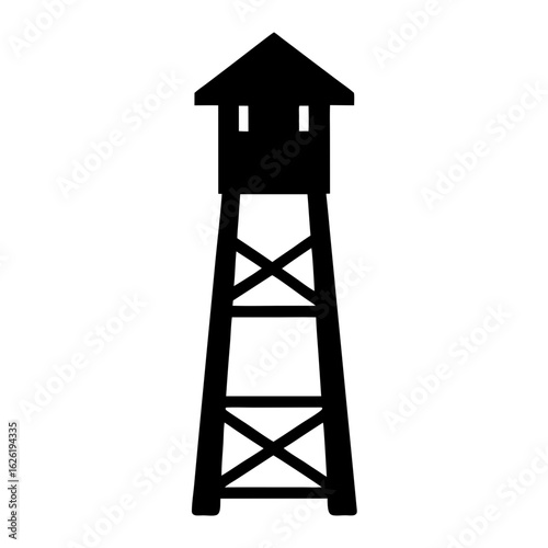 Silhouette of a tall wooden lookout tower with a rooftop cabin