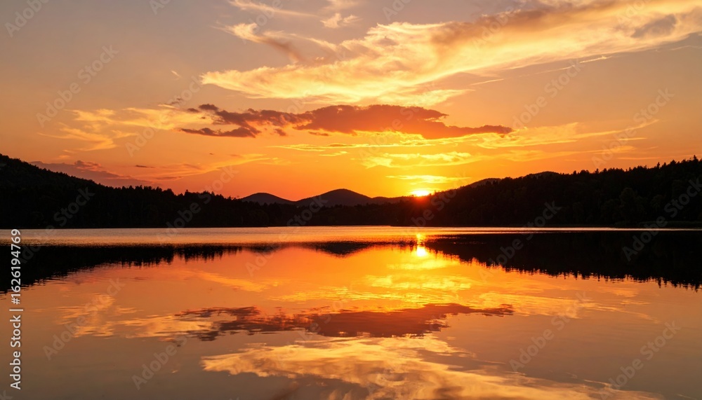 Obraz premium Golden Sunset Reflections On Calm Lake