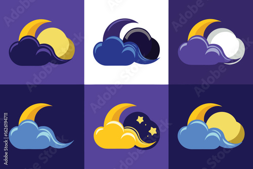 Set of six distinct illustrations featuring a crescent moon partially obscured by stylized clouds against a deep purple background, creating a serene and dreamy night sky atmosphere