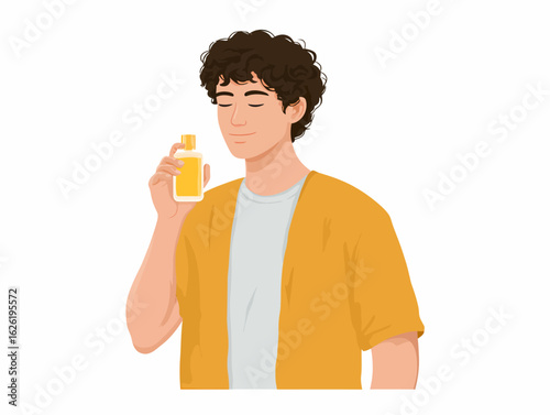 Illustration of a young man with curly hair smelling perfume as a part of his self care grooming routine

